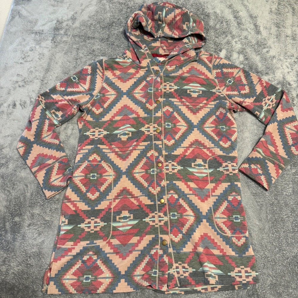 CUDDL DUDS COMFORTWEAR‎ Women's Geometric Aztec Print Hooded Button Front Size M
